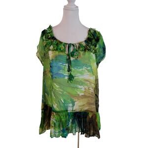 Sundance Size S 100% Silk Watercolor Floral Ruffle Hem Blouse Lined Sheer